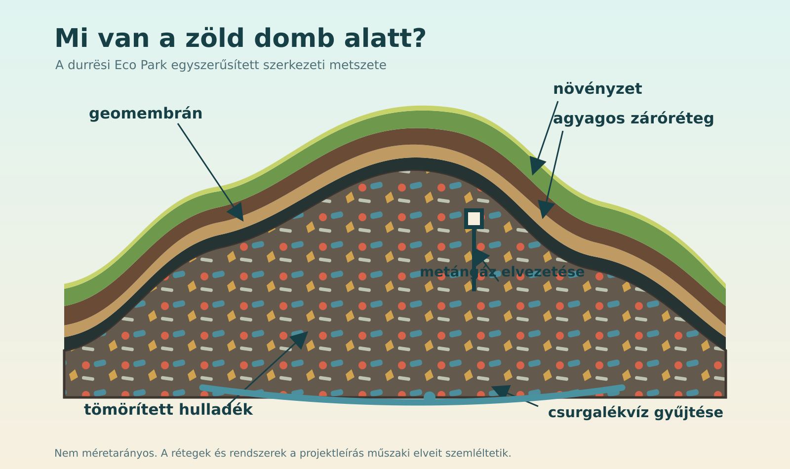 A lezárt hulladékdomb egyszerűsített metszete